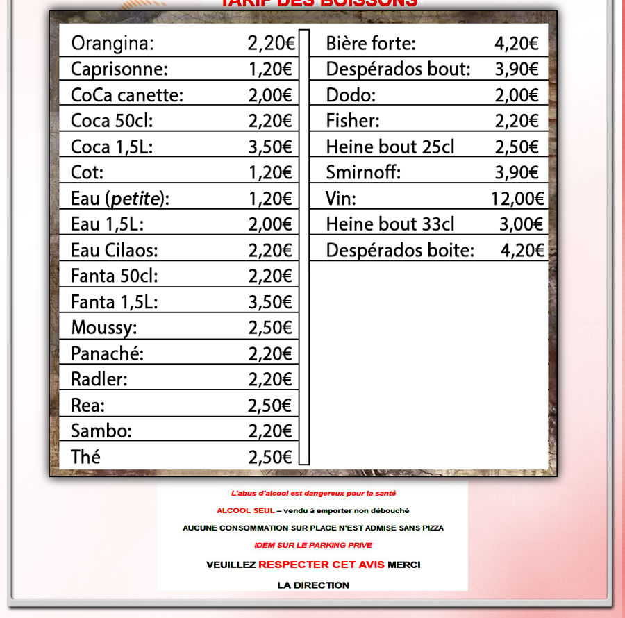 Tarifs des boissons